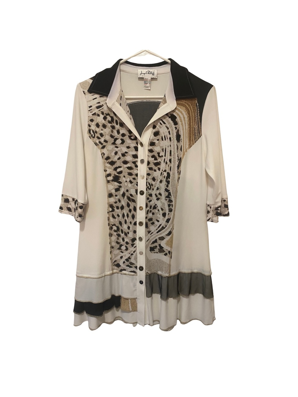 Joseph Ribkoff Cream and Black Mixed-Print Button Front Top